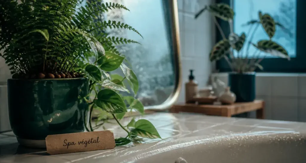 Plante verte salle de bain : fougère et pothos, cache-pot en céramique