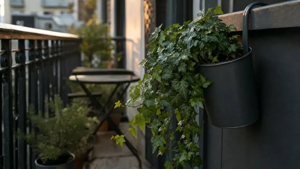 Pot de fleur suspendue sur balcon urbain avec lierre retombant