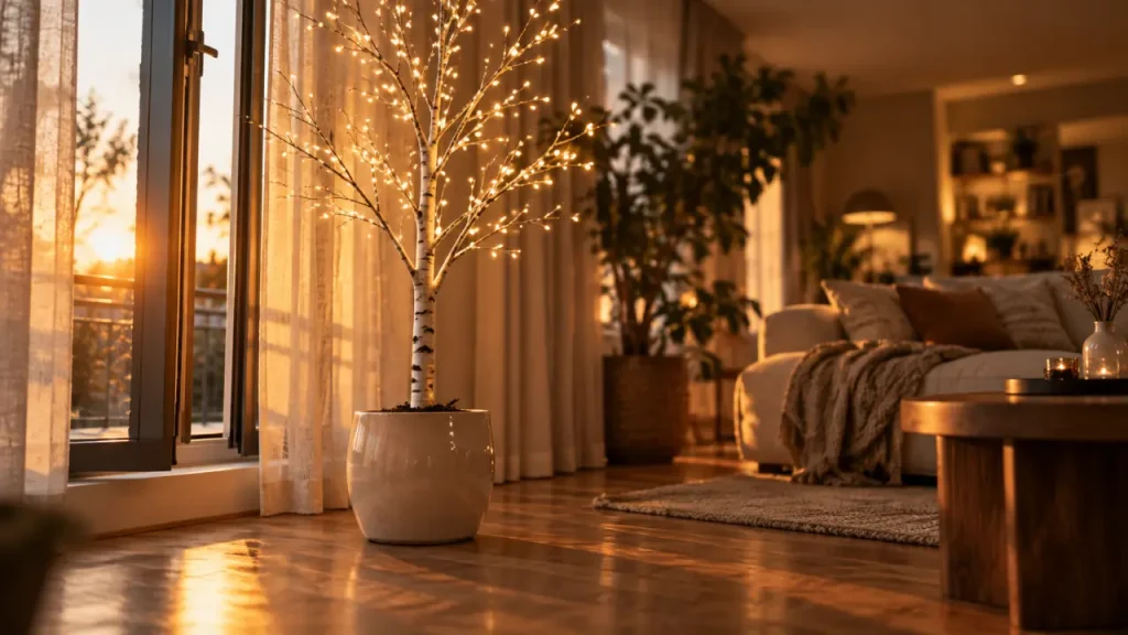 Arbre lumineux intérieur LED en lumière chaude dans un salon