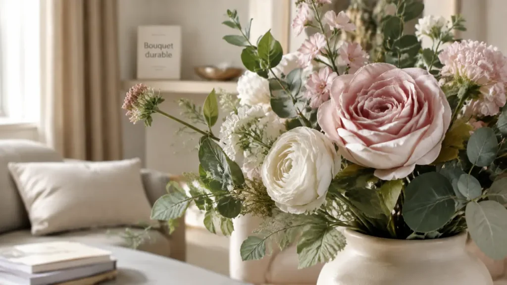 Bouquet de fleurs artificielles très réaliste en vase ivoire, fleurs en tissu