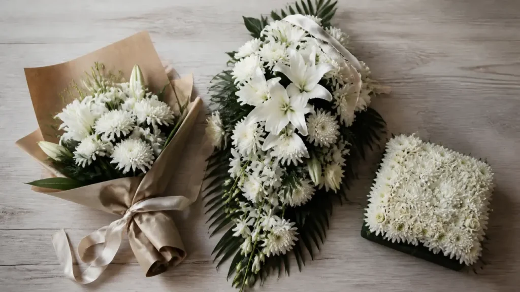 Bouquet de fleurs enterrement blanc, gerbe et couronne funéraires