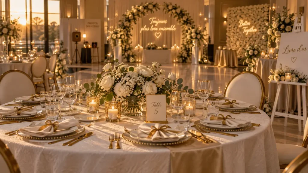 Décoration mariage or et blanc : table blanche et or, vue golden hour