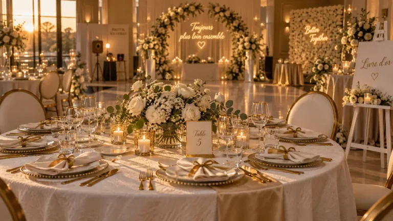 Décoration mariage or et blanc : table blanche et or, vue golden hour
