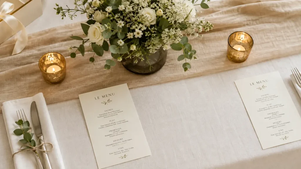 Décoration mariage simple et chic : table élégante lin ivoire et or pâle