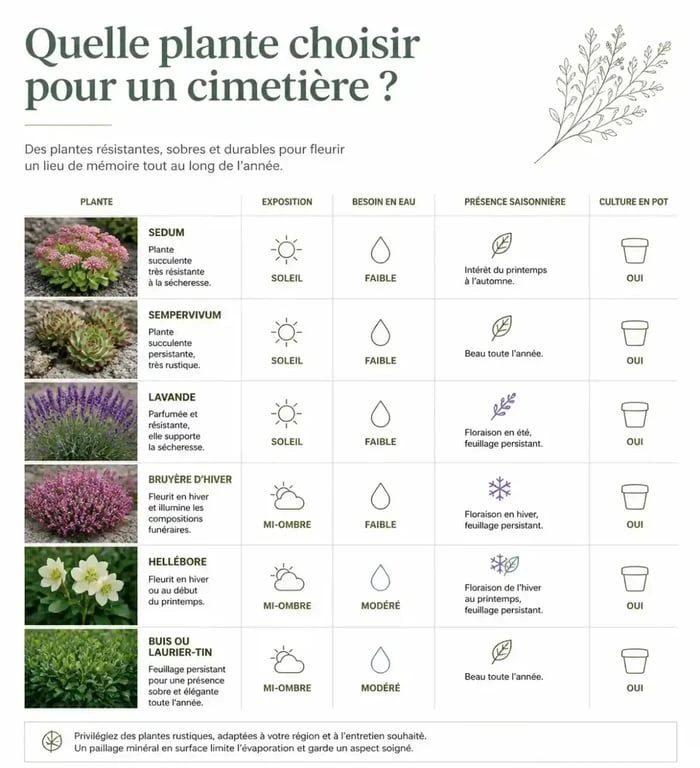 Infographie des plantes pour cimetière selon l’exposition, l’arrosage et la saison