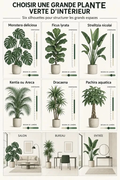 Infographie pour choisir une grande plante verte d'intérieur selon la silhouette, la lumière et la pièce