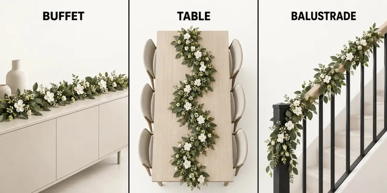 Différents usages d'une guirlande de fleurs artificielles sur table, buffet et balustrade