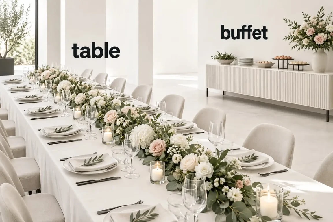 Guirlande de fleurs artificielles utilisée comme décoration de table et de buffet