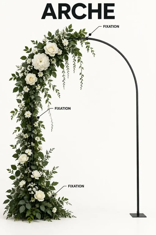 Guirlande de fleurs artificielles installée sur une arche fleurie asymétrique