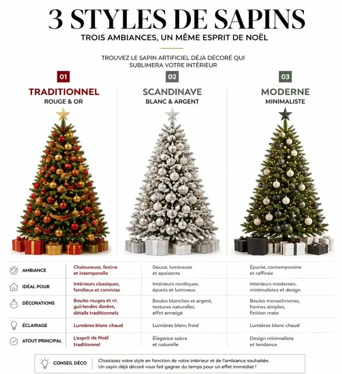 Comparatif des styles de sapins de Noël artificiels déjà décorés