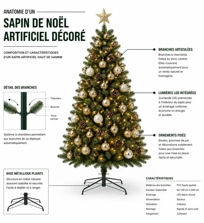 Anatomie d'un sapin de Noël artificiel déjà décoré avec ses composants