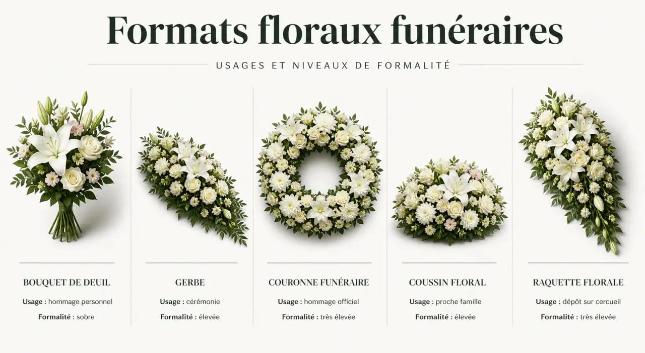 Bouquet de fleurs enterrement : comparaison des formats bouquet, gerbe, couronne, coussin et raquette