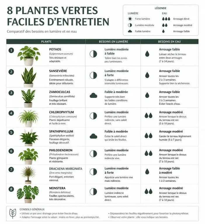 Tableau récapitulatif des besoins en lumière et eau pour une plante verte facile d'entretien