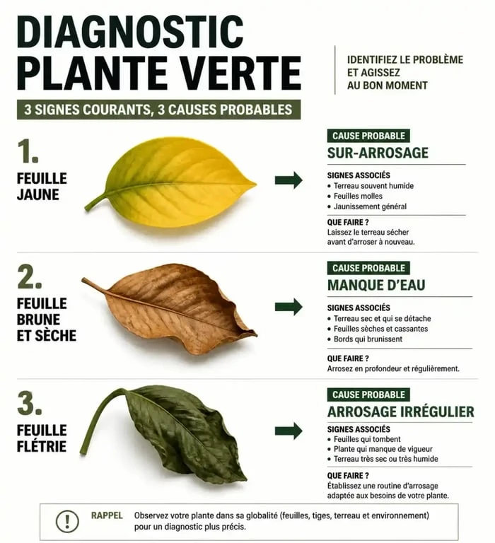 Diagnostic visuel des problèmes courants sur une plante verte facile d'entretien