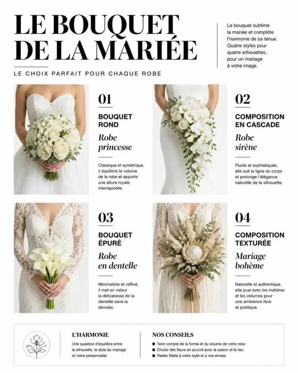 Fleurs pour bouquet de mariée adaptées à la robe et au style du mariage