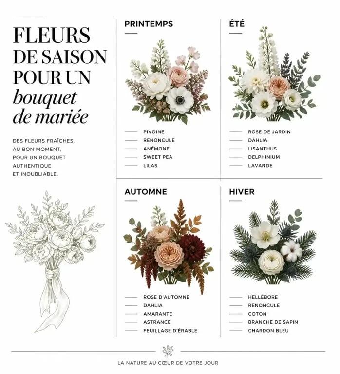 Fleurs pour bouquet de mariée : fleurs de saison du printemps, de l'été, de l'automne et de l'hiver