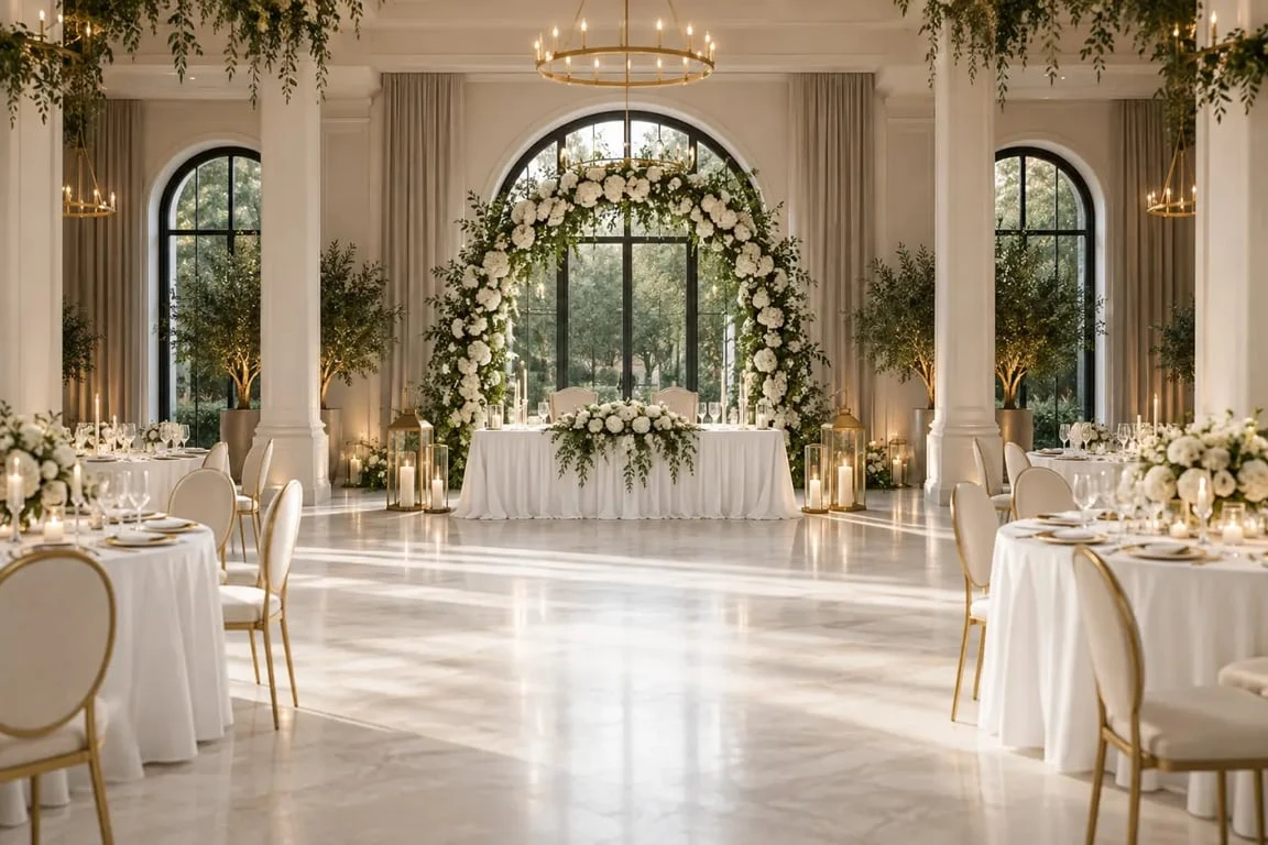 Décoration de salle de mariage or et blanc avec arche florale et lumières