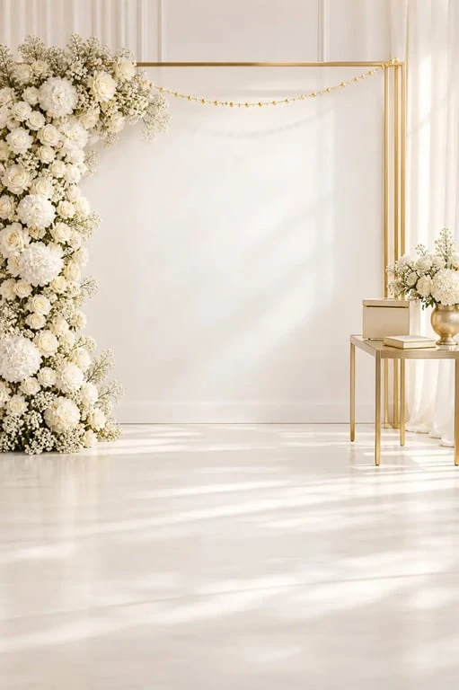 Coin photo de décoration mariage or et blanc avec urne et livre d’or
