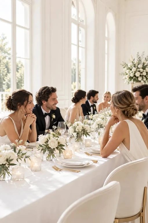 Table de décoration mariage or et blanc avec fleurs blanches et couverts dorés