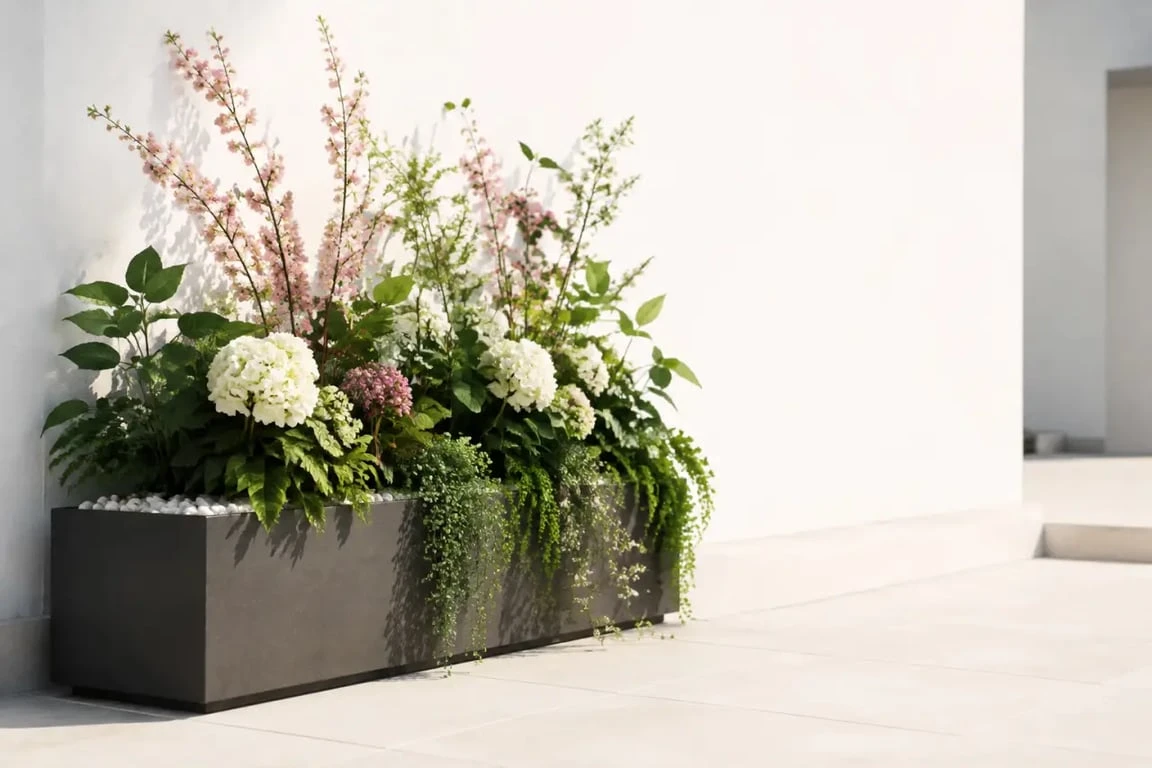 Fleur artificielle jardiniere extérieure stabilisée avec galets et feuillage retombant