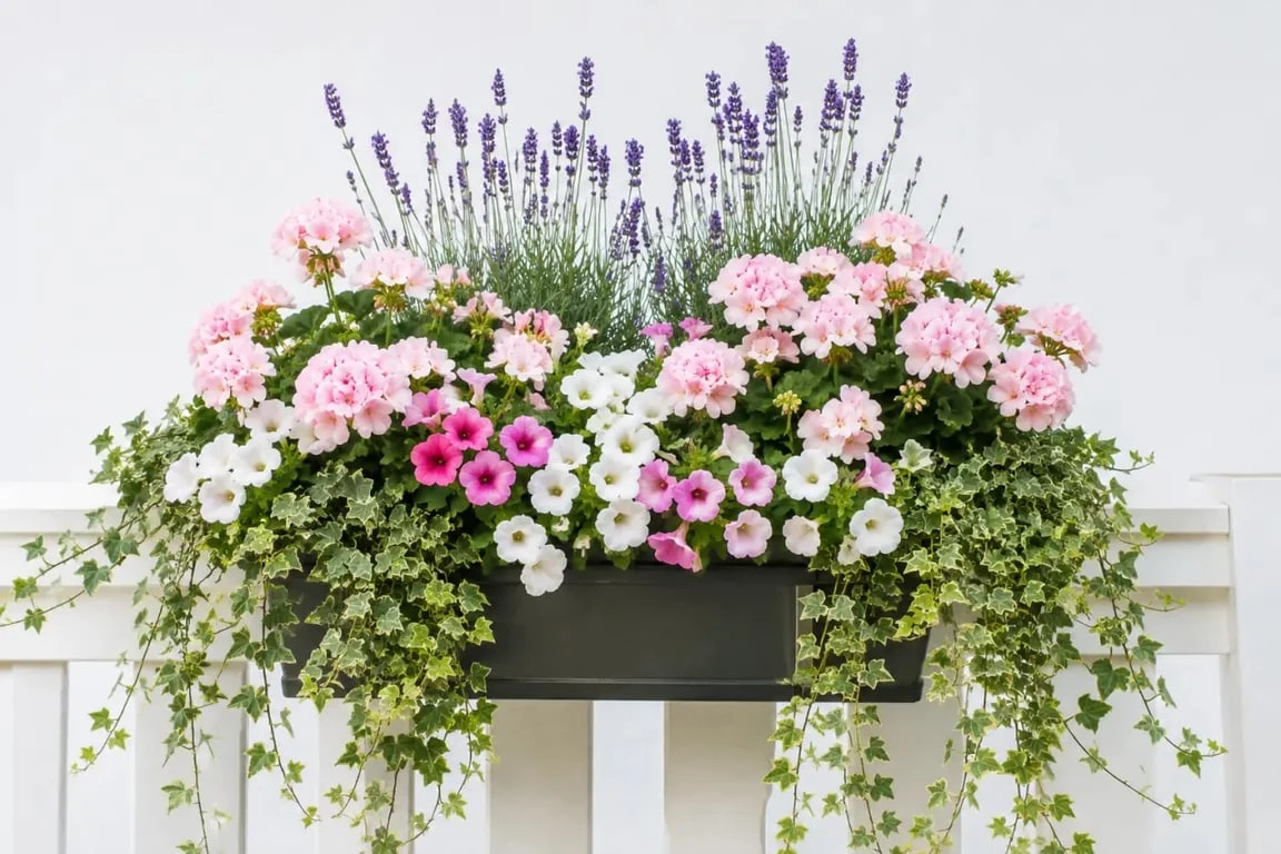 Fleur artificielle jardiniere avec composition montante, fleurie et retombante sur un balcon