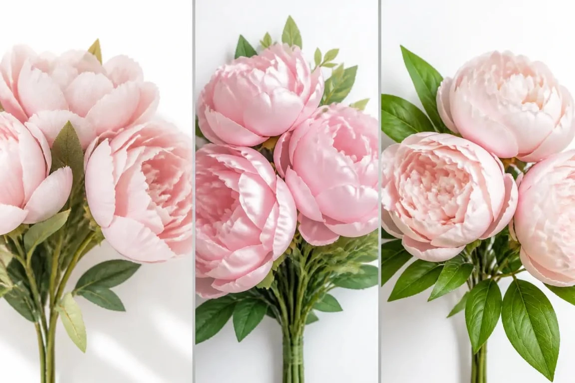 Faux bouquet de fleurs en gros plan comparant soie, polyester et Real Touch