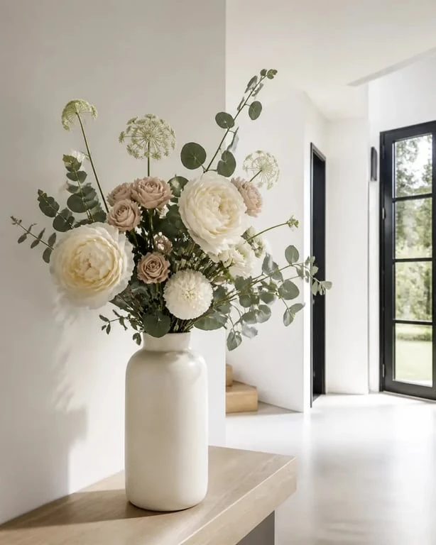 Faux bouquet de fleurs haut de gamme dans une entrée contemporaine, rendu réaliste et élégant