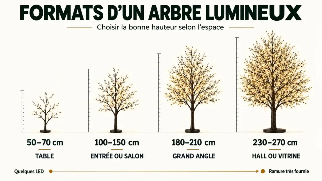 Infographie des formats d’un arbre lumineux intérieur selon la hauteur et la pièce