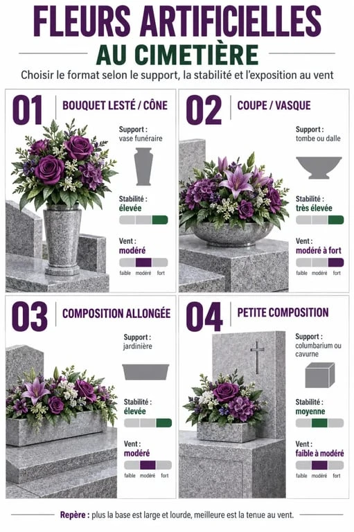 Infographie des formats de fleurs artificielles pour cimetière selon la tombe, le vase, la jardinière ou le columbarium