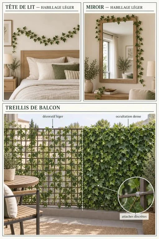 Inspirations déco avec une guirlande de lierre artificiel dans une chambre, un salon et sur un balcon