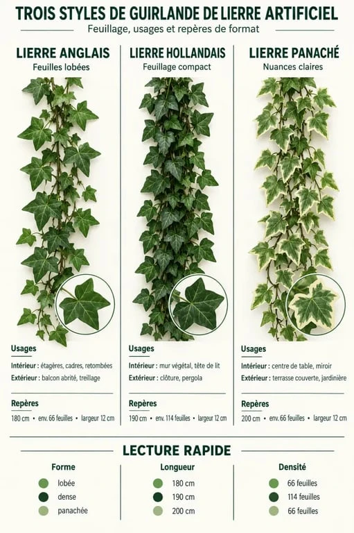 Infographie comparative des variétés de guirlande de lierre artificiel anglais, hollandais et panaché