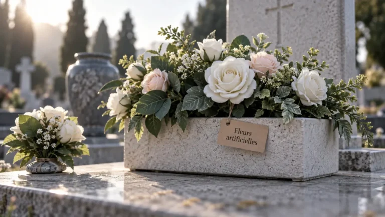 Fleurs artificielles pour cimetière : jardinière funéraire stable sur tombe
