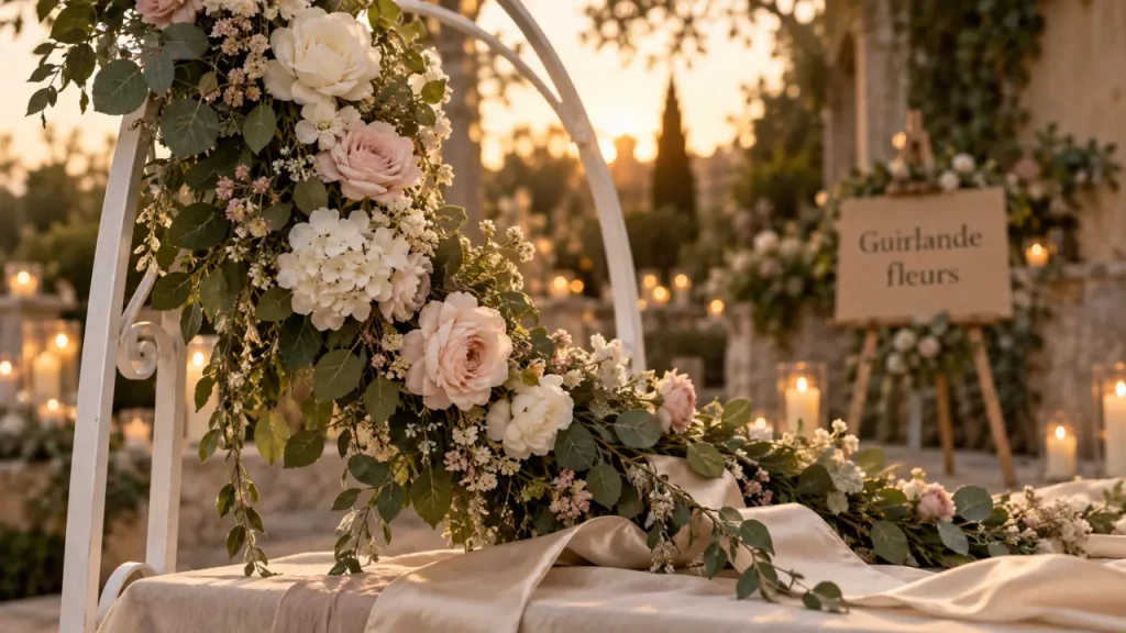 Guirlande de fleurs artificielles sur une arche de réception, blanc et rose poudré