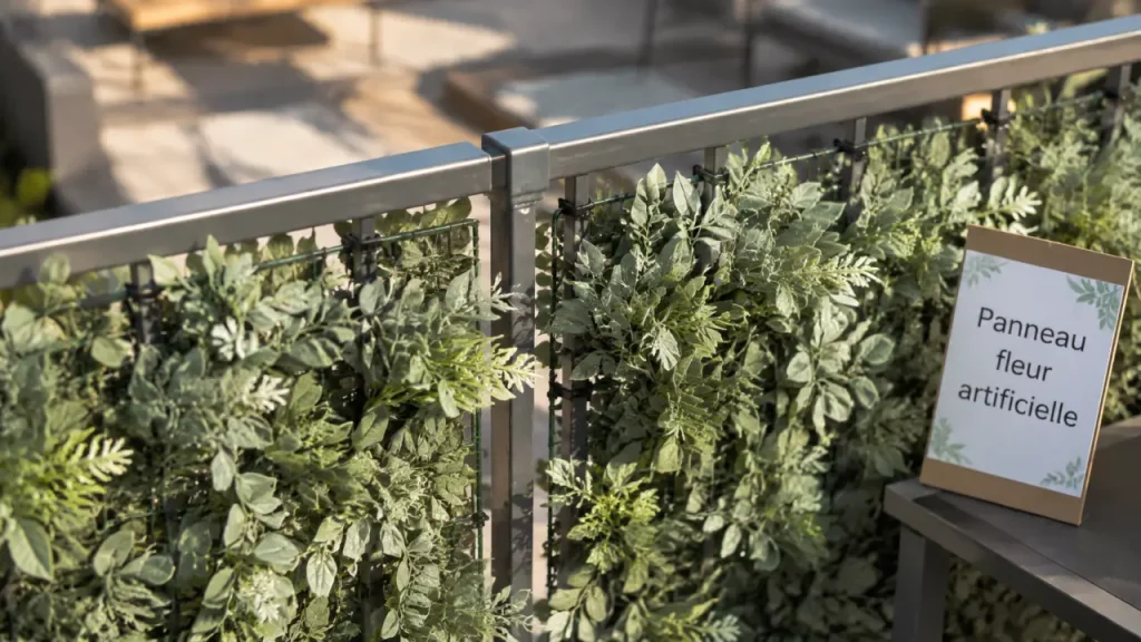 Panneau fleur artificielle sur balustrade : fixation discrète et occultation