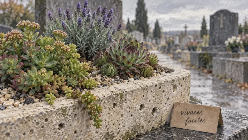 Plante pour cimetière : sedum, sempervivum et lavande en jardinière minérale