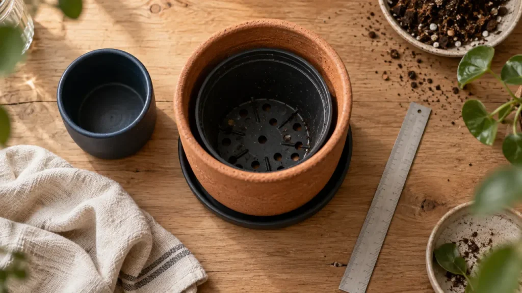 Cache pot coloré terracotta et bleu nuit sur table en bois