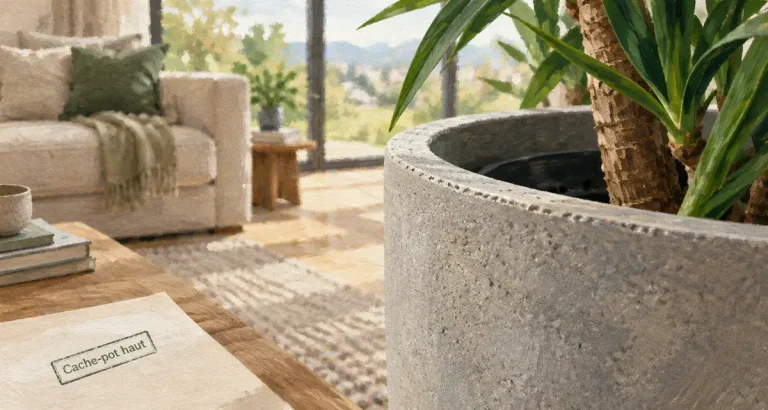 Cache pot haut en fibre-ciment gris pour yucca, salon lumineux