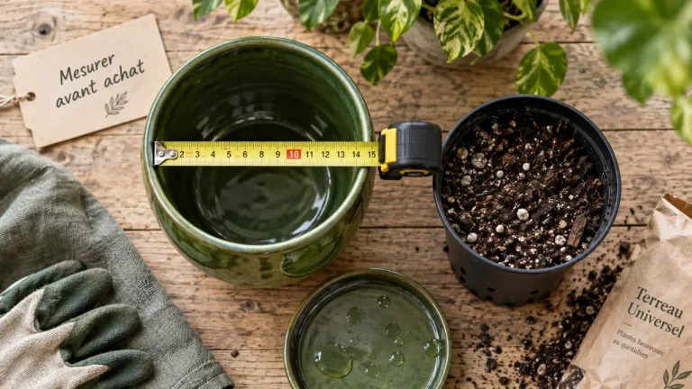 Cache pot vert : diamètre intérieur à mesurer, drainage indiqué