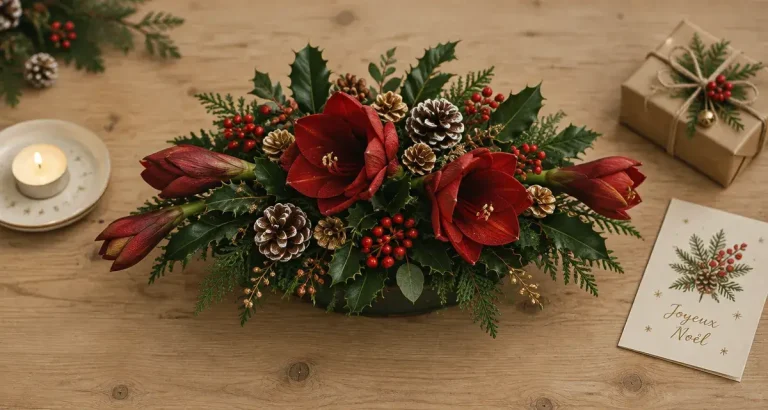 Composition noel florale pour table de Noël, feuillage houx et baies rouges